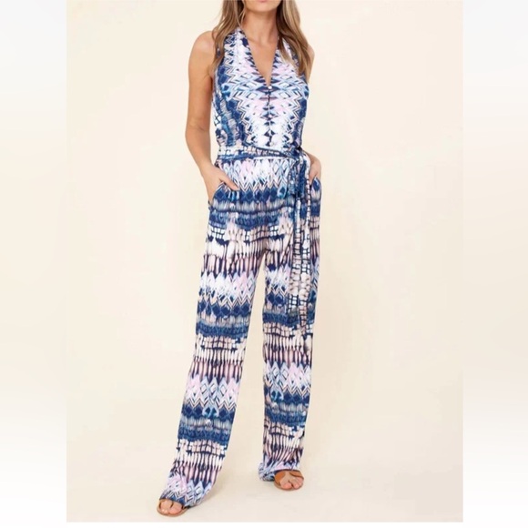 NWT Hale Bob tulum jumpsuit blue white XS beachy artsy hippie boho festival ikat - Picture 1 of 15
